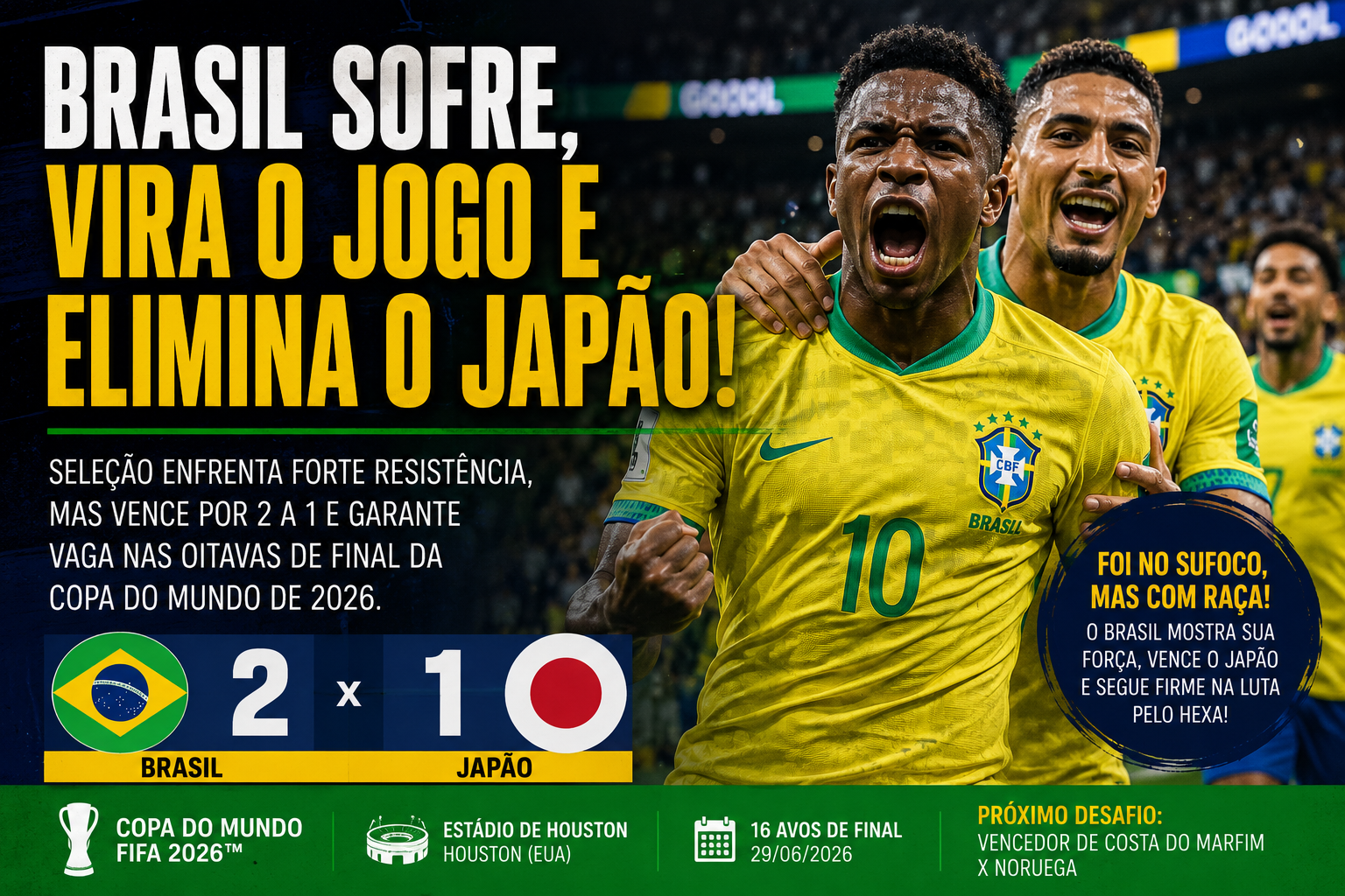 Brasil sofre, vira o jogo e elimina o Japão na Copa do Mundo