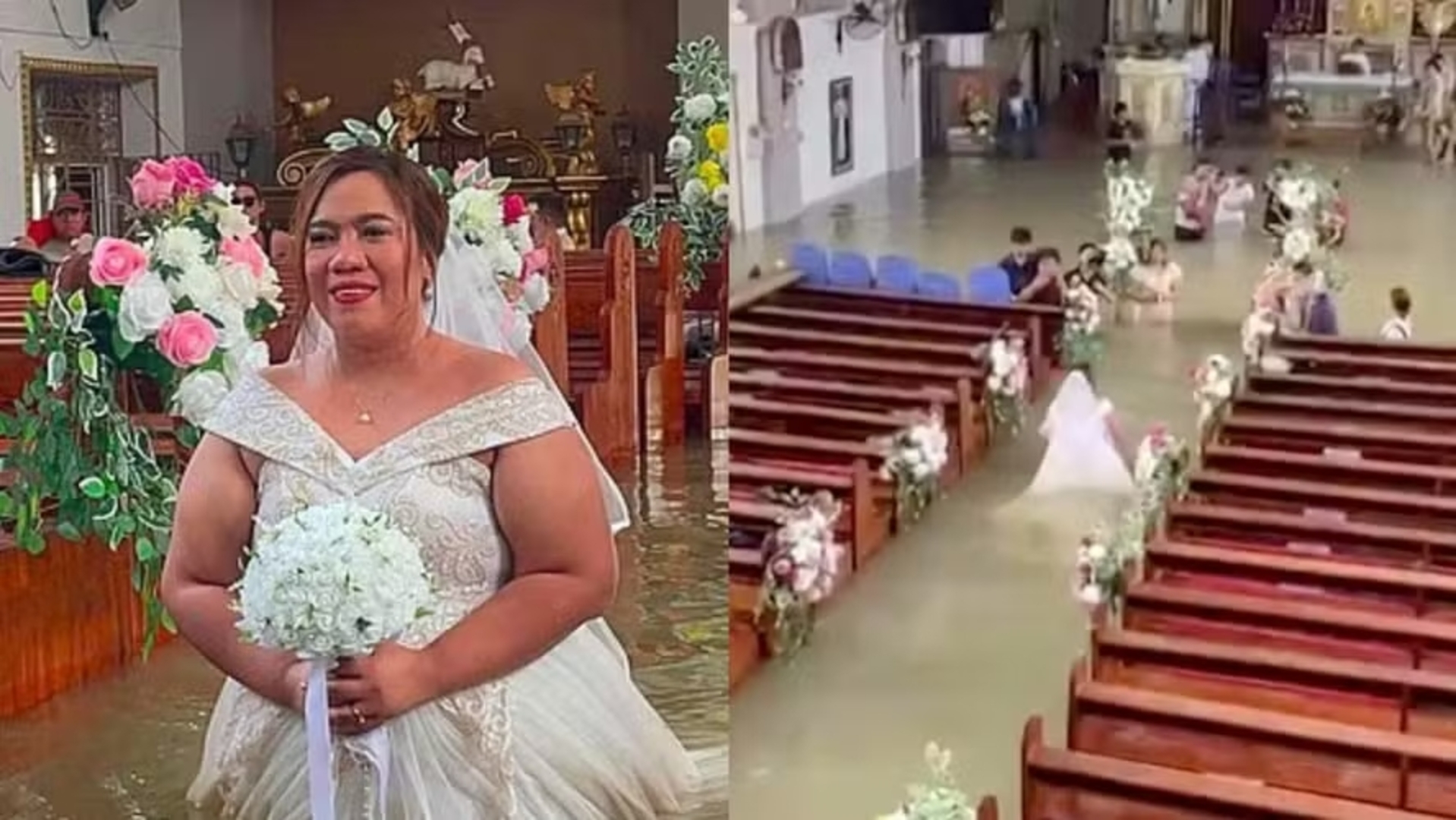 Noiva encara água na cintura dentro de igreja alagada para realizar casamento nas Filipinas